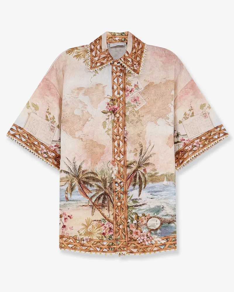 Zimmermann Mahon Linen Shirt with Blue Island Map Print -  - gender_Woman Beige