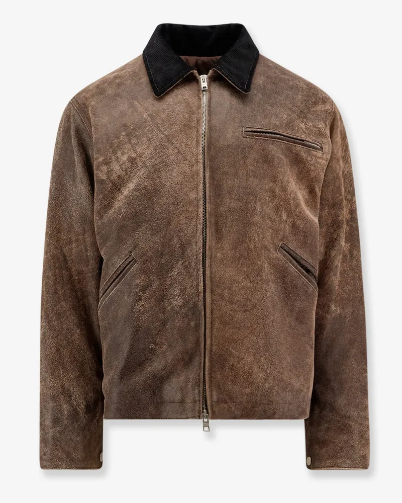 DFOUR Padded leather jacket with corduroy collar -  - gender_Man Brown