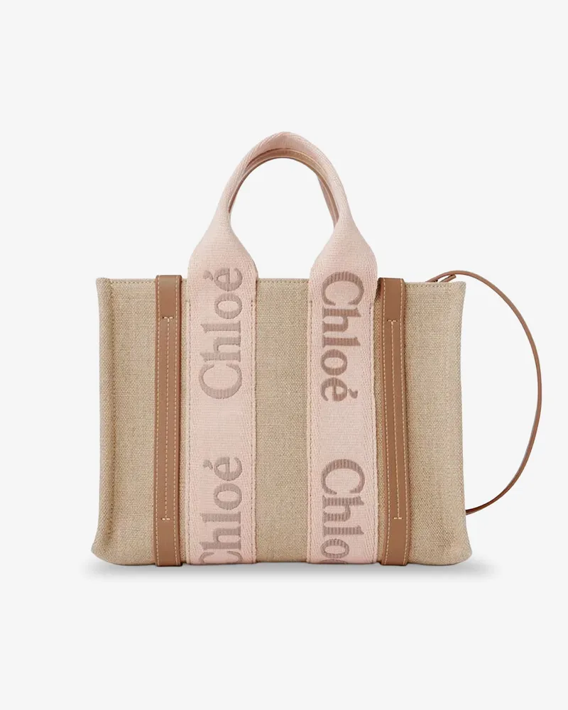 Chloé Woody linen canvas and leather crossbody bag -  - gender_Woman Beige