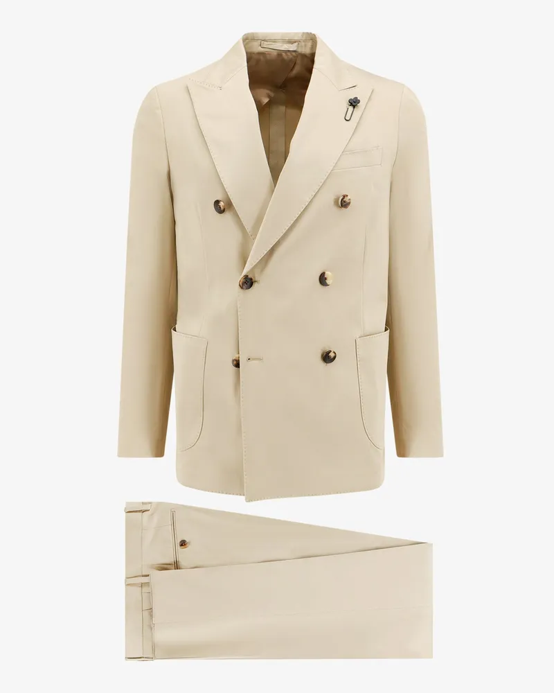 LARDINI Stretch cotton suit with iconic brooch -  - gender_Man Beige