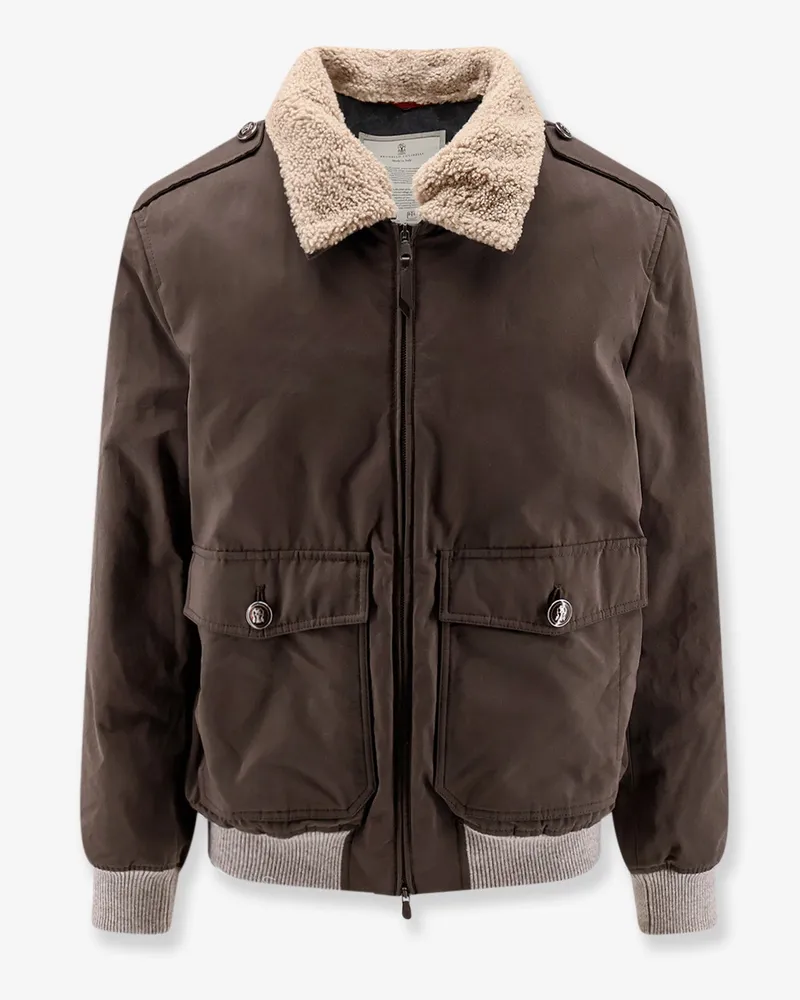 Brunello Cucinelli Cotton blend jacket with fur collar -  - gender_Man Brown