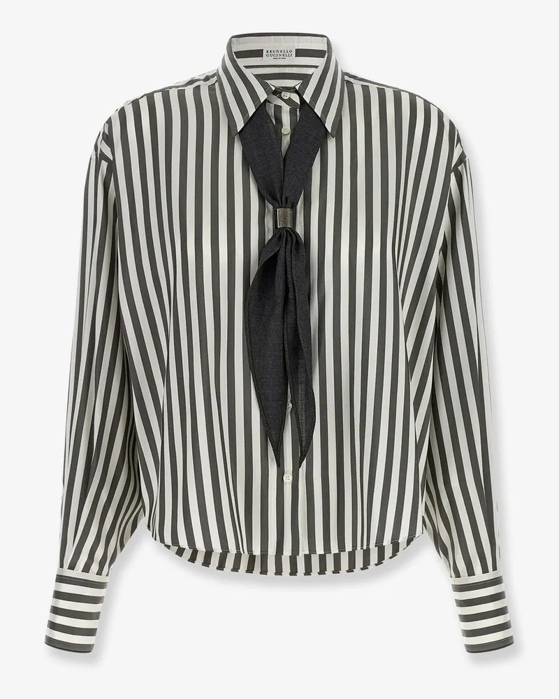 Brunello Cucinelli Striped silk shirt with foulard -  - gender_Woman Grey
