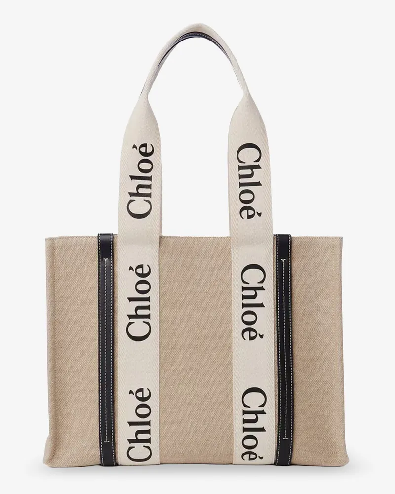 Chloé Woody linen shoulder bag with front lettering logo -  - gender_Woman Beige