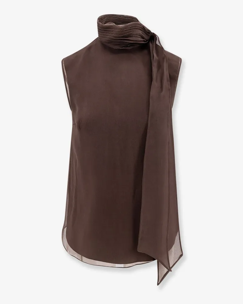 Brunello Cucinelli Crispy silk top with lavallière and Monili -  - gender_Woman Brown