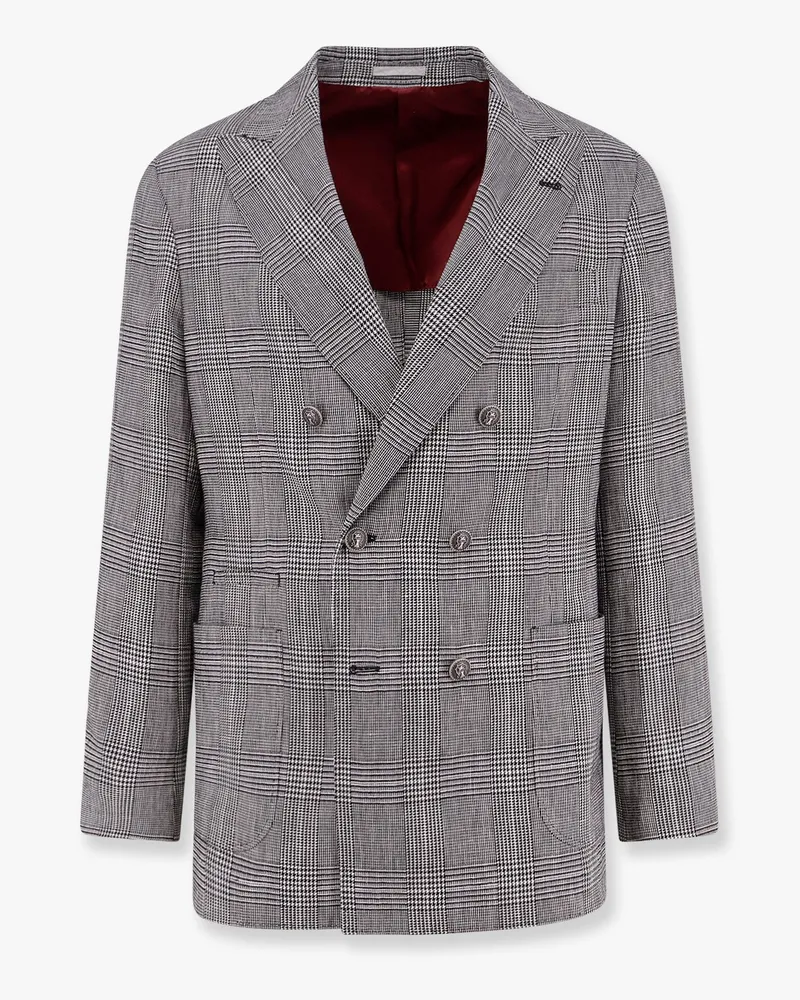 Brunello Cucinelli Cotton and linen Prince of Wales one-and-a-half breasted blazer -  - gender_Man Grey