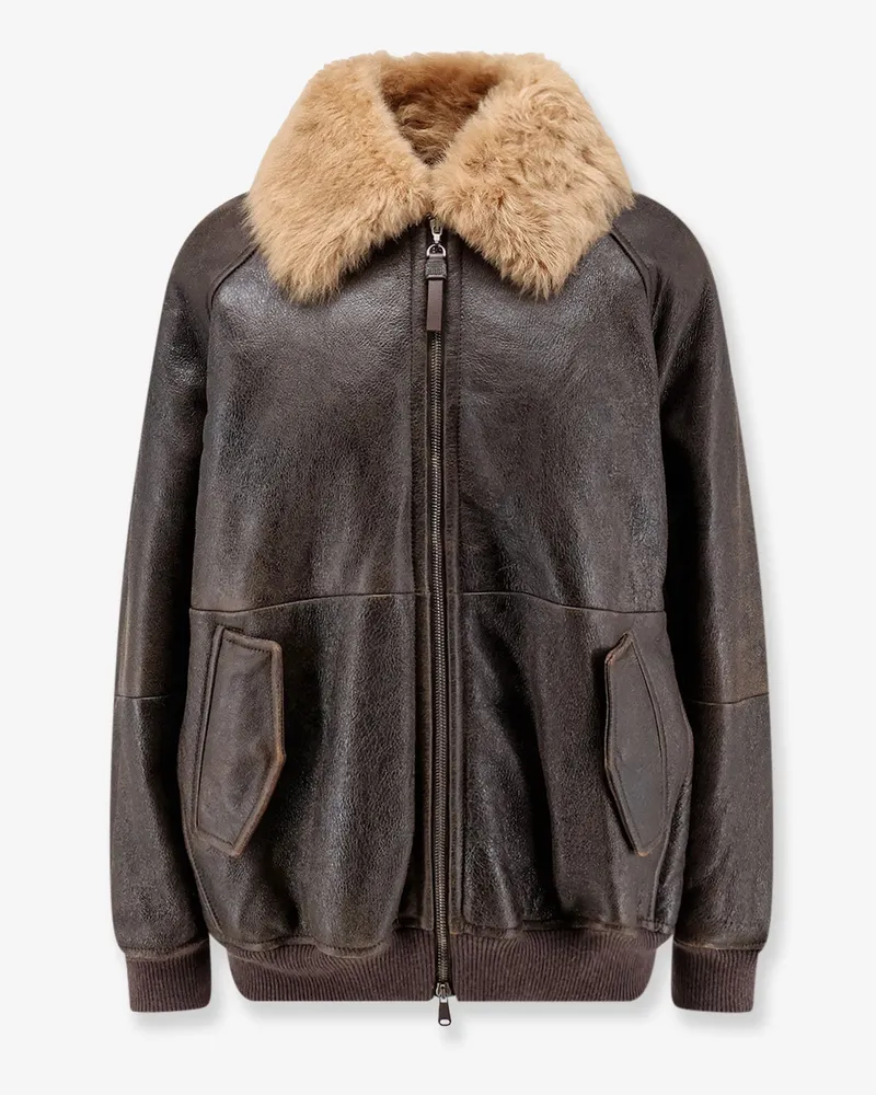 Brunello Cucinelli Leather jacket with shearling collar -  - gender_Woman Brown