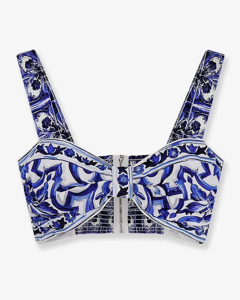 Dolce & Gabbana Cropped cotton top with Maiolica print -  - gender_Woman Blue