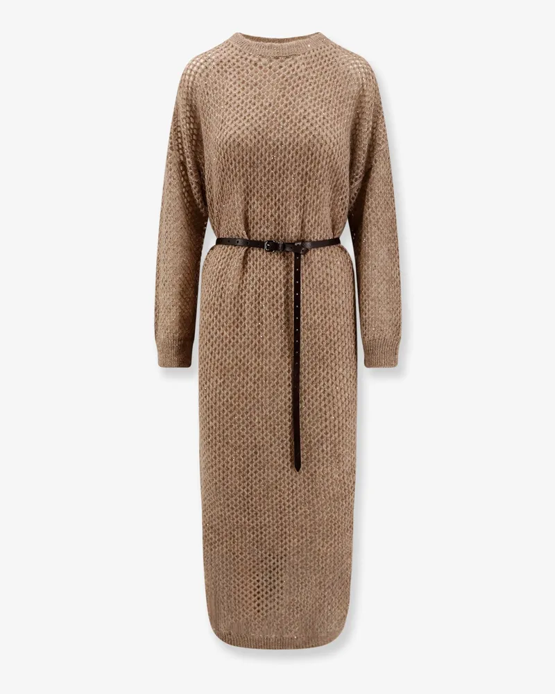 Brunello Cucinelli Mohair blend long dress with sequins -  - gender_Woman Beige