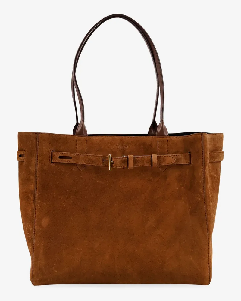 Tom Ford Suede shoulder bag with engraved logo on the front -  - gender_Woman Brown