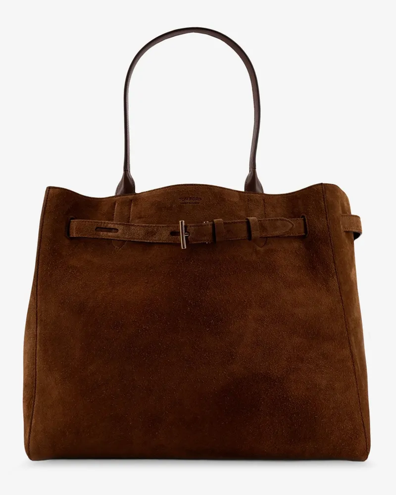 Tom Ford Suede shoulder bag with engraved logo on the front -  - gender_Woman Brown