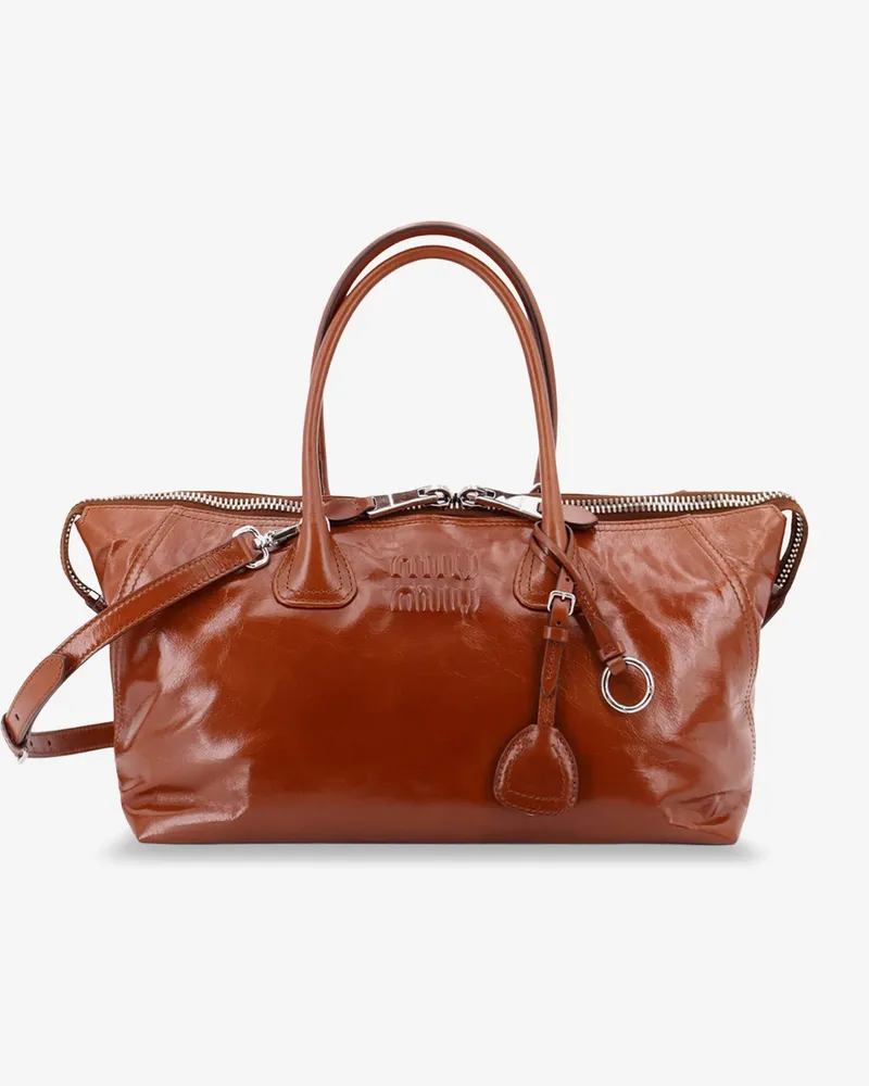 Miu Miu Shiny leather handbag with front lettering logo -  - gender_Woman Brown