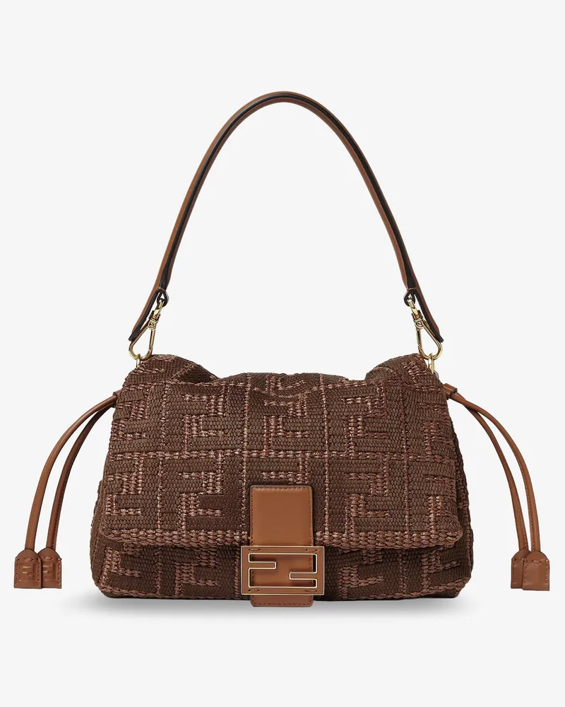 Fendi Mamma Baguette Medium Raffia Handbag with FF Embroidery -  - gender_Woman Brown