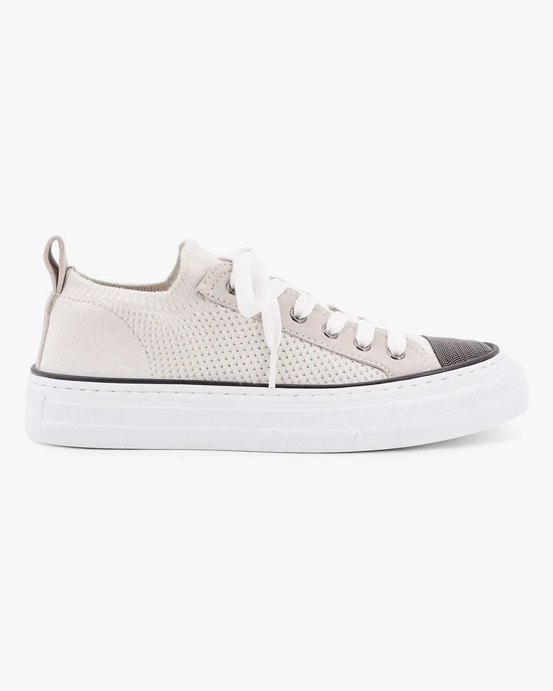 Brunello Cucinelli Cotton knit and suede sneakers with precious toe -  - gender_Woman White