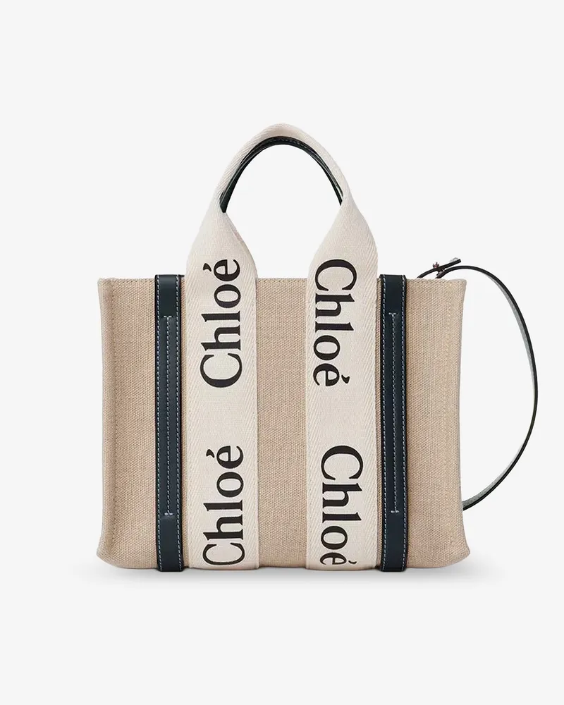Chloé Woody linen canvas and leather crossbody bag -  - gender_Woman Beige