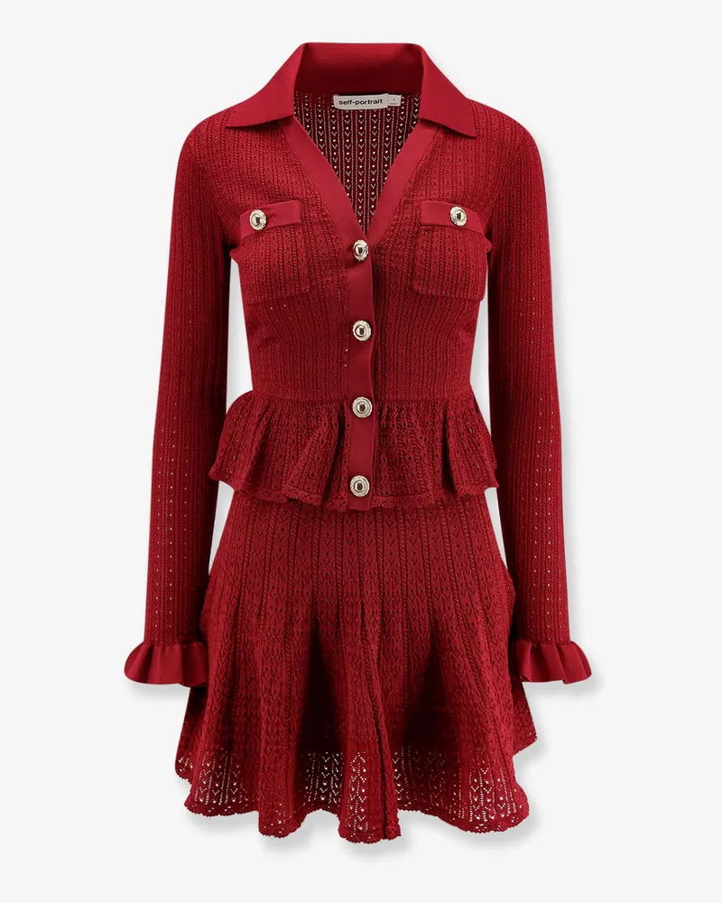 Self-Portrait Perforated knit short dress with jewel buttons -  - gender_Woman Red