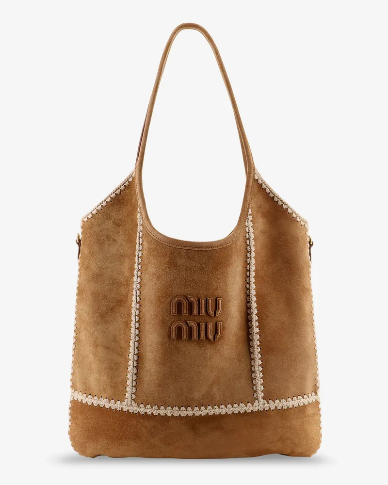 Miu Miu Ivy suede and crochet shoulder bag -  - gender_Woman Beige