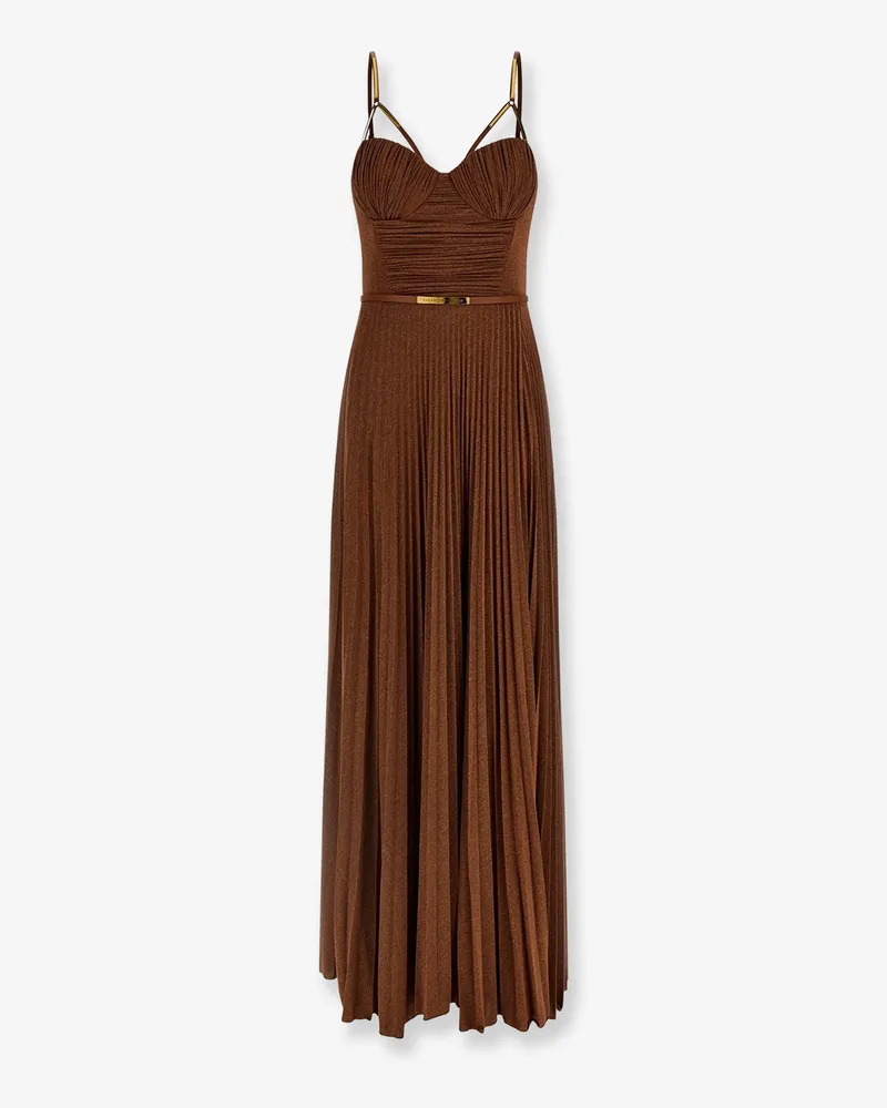 Elisabetta Franchi Red Carpet laminated long dress with belt -  - gender_Woman Brown