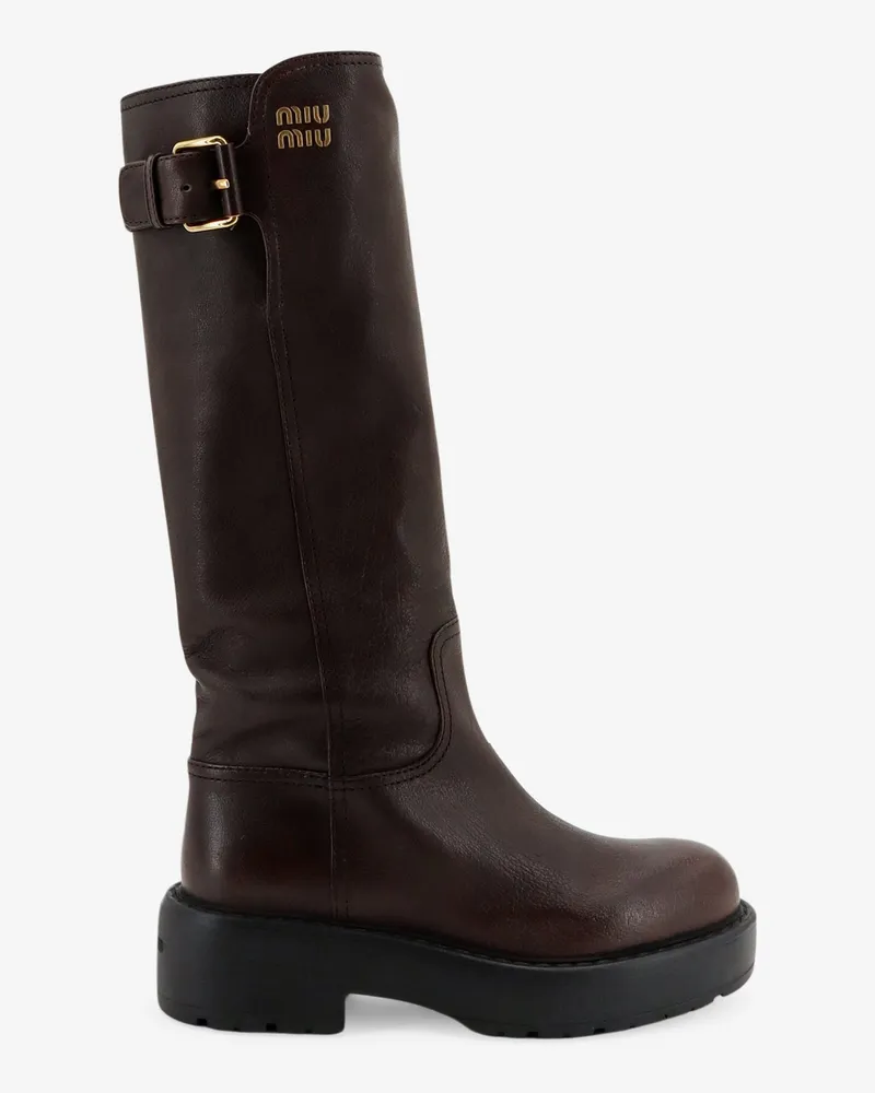 Miu Miu Leather boots with embossed lettering logo -  - gender_Woman Brown