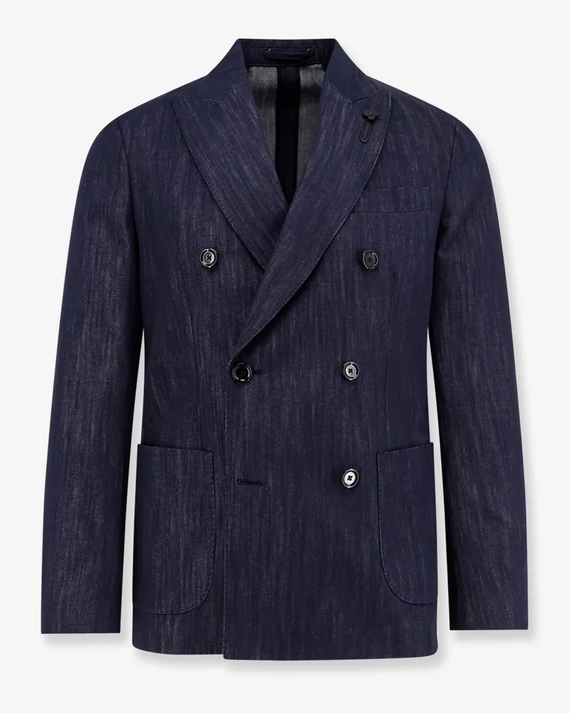 LARDINI Roma denim blazer with removable iconic brooch -  - gender_Man Blue