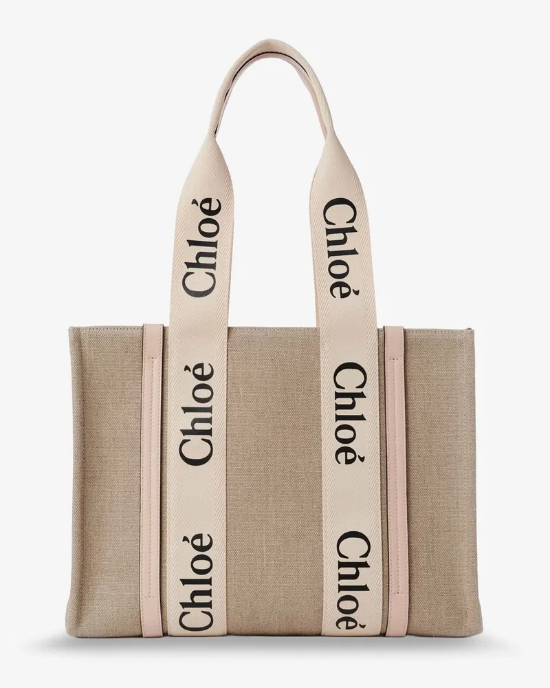 Chloé Woody linen shoulder bag with leather inserts -  - gender_Woman Beige