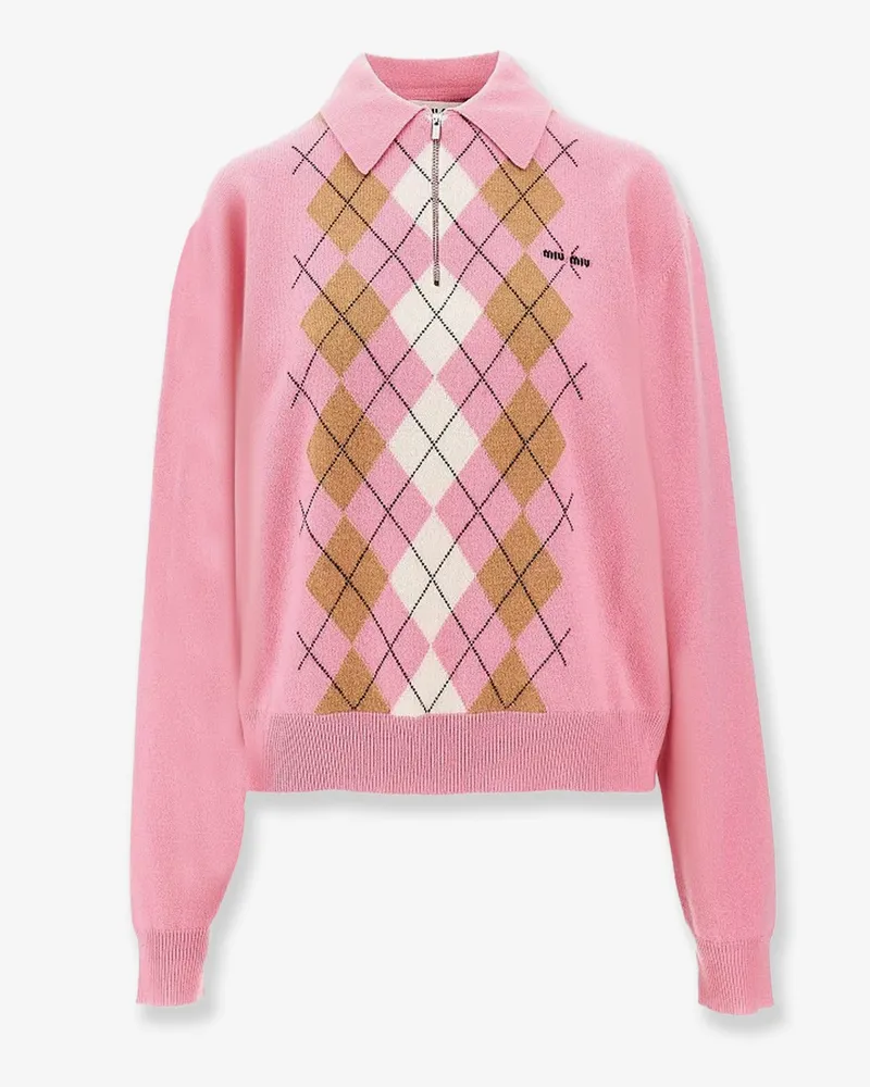 Miu Miu Cashmere polo sweater with Argyle motif -  - gender_Woman Pink