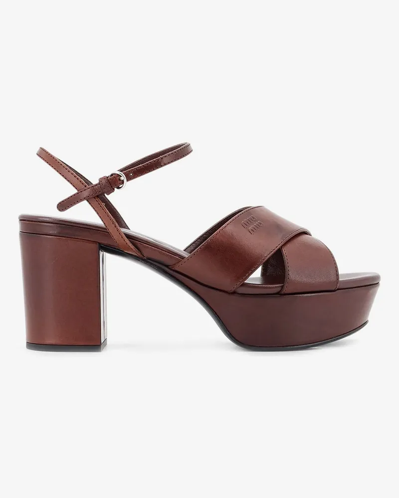 Miu Miu Leather heeled sandals with engraved logo on the side -  - gender_Woman Brown