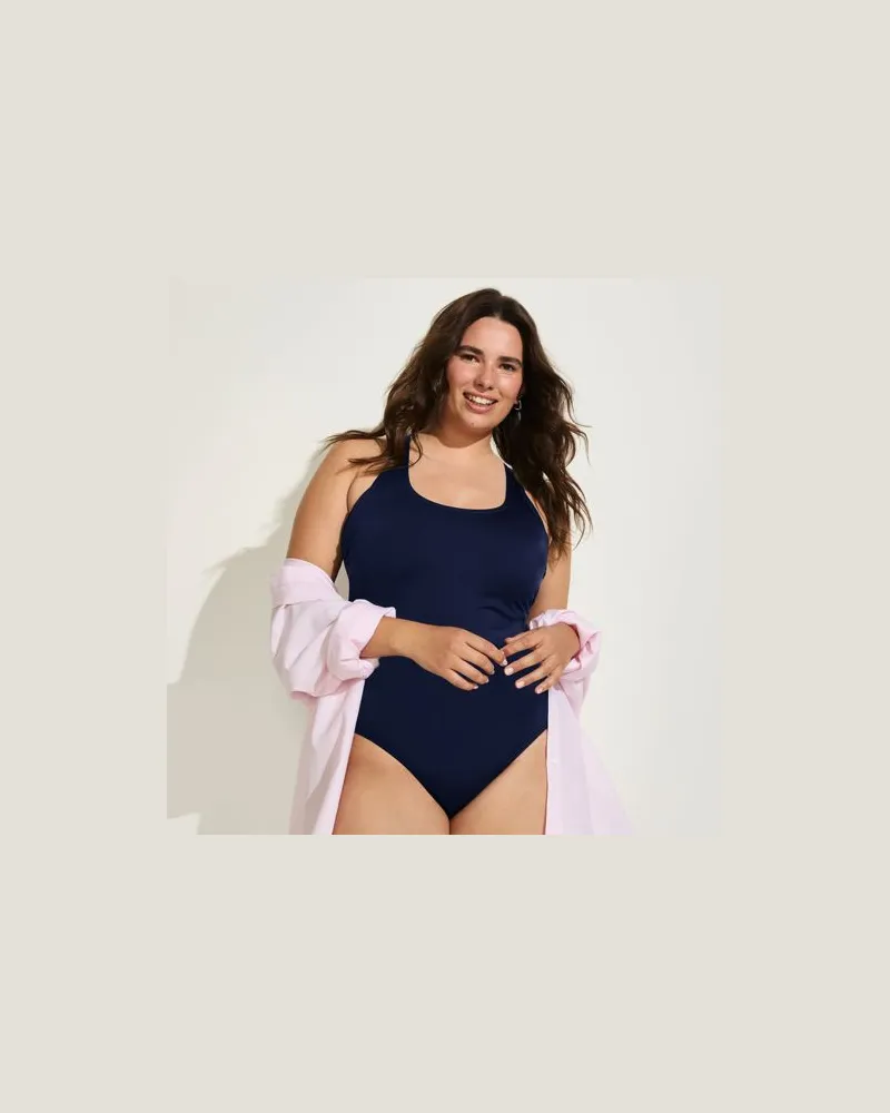 Lands' End Komfort-Badeanzug mit gekreuzten Trägern, hohes Bein,, Damen, Größe plus, Blau, Nylon-Mischung, by Blau