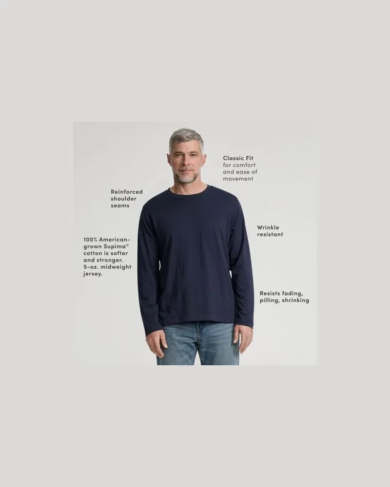 Lands' End Supima Langarm-Shirt mit Rundhalsausschnitt, Herren, Größe regular, Blau, Baumwolle, by Blau