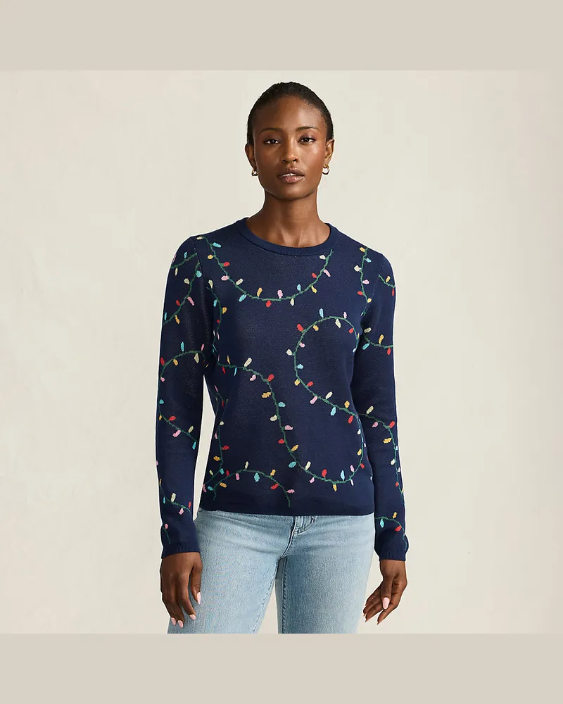 Lands' End Feinstrick-Weihnachtspullover Lichterkette, Damen, Größe regular, Blau, Baumwolle, by Blau