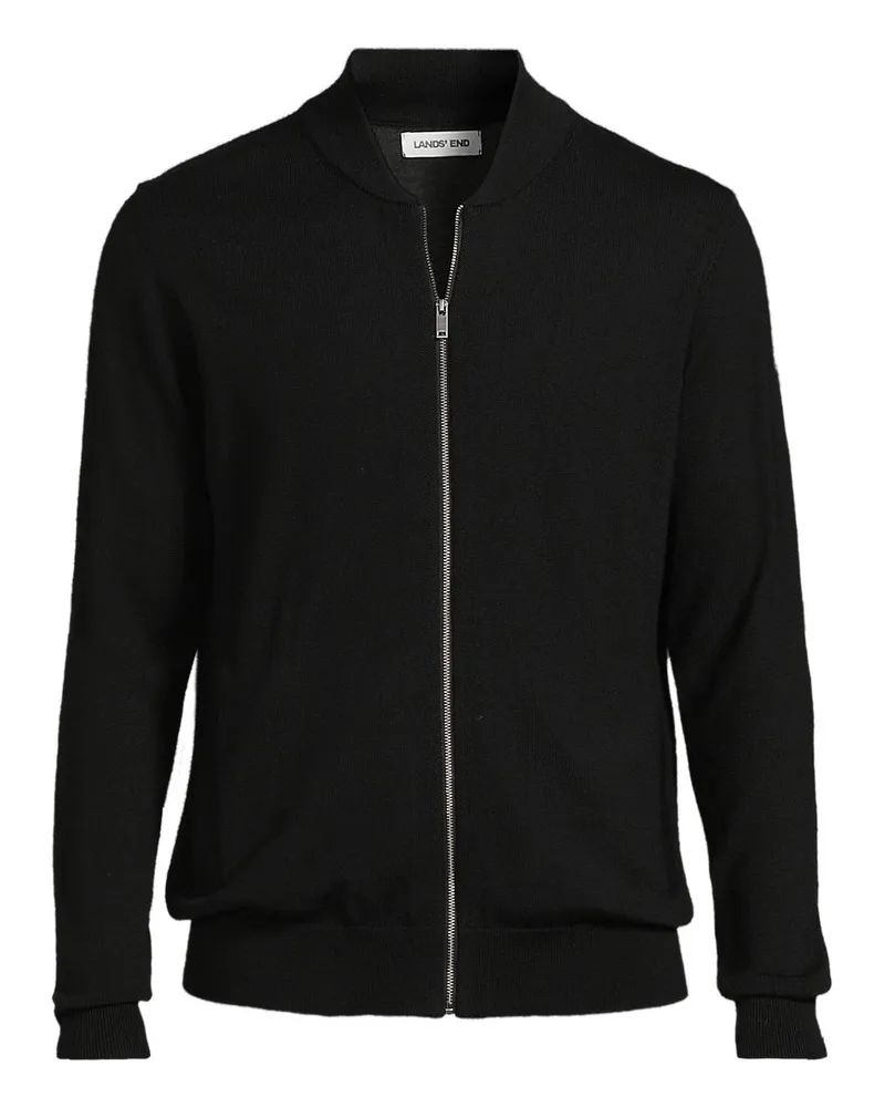 Lands' End Merino-Cardigan mit Reißverschluss, Herren, Größe regular, Schwarz, Wolle, by Schwarz