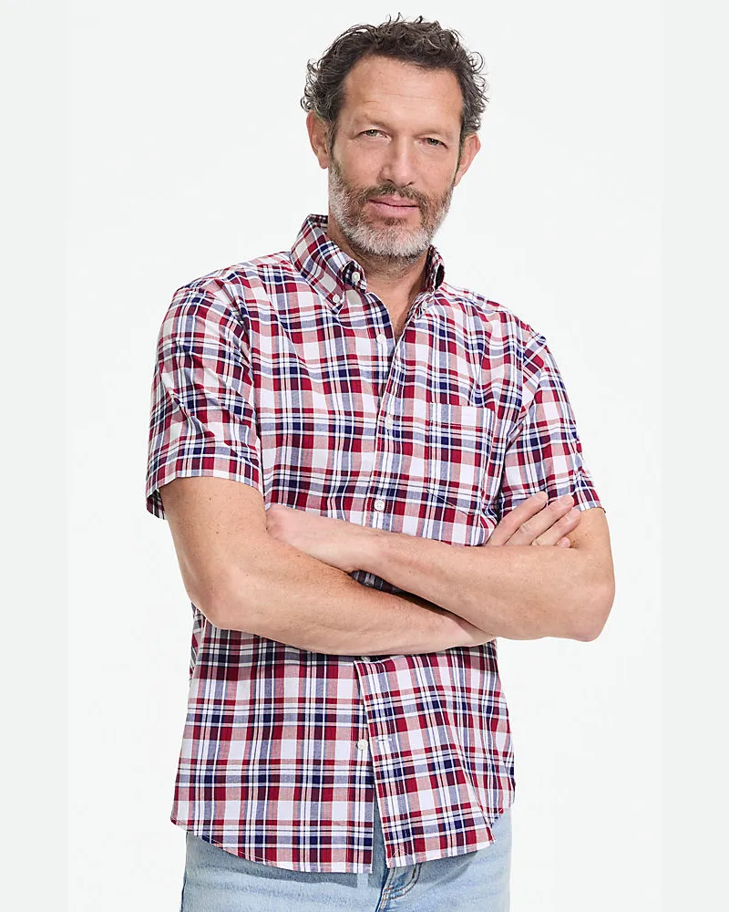 Lands' End Madras-Kurzarmhemd, Classic Fit, Herren, Größe regular, Rot, Baumwolle, by Rot