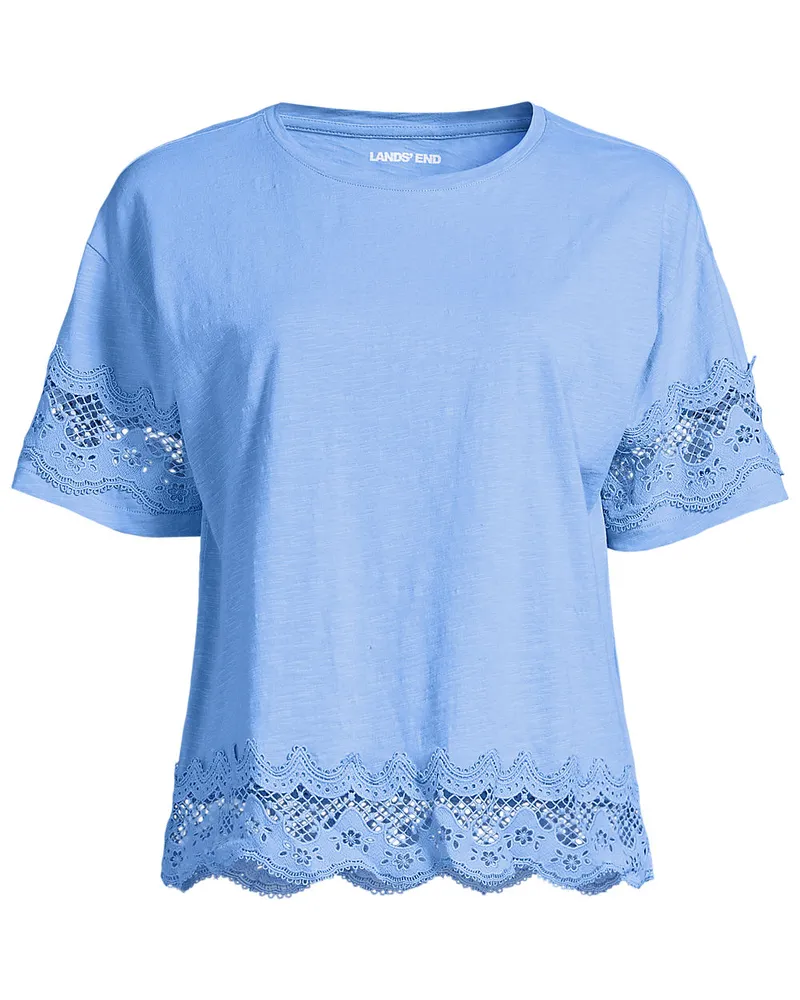 Lands' End Flammgarn-Shirt mit Bordüren, Damen, Größe regular, Blau, Baumwolle, by Blau