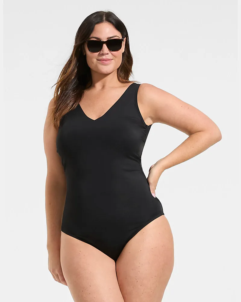 Lands' End Komfort-Badeanzug mit V-Ausschnitt, hohes Bein,, Damen, Größe plus, Schwarz, Nylon-Mischung, by Schwarz