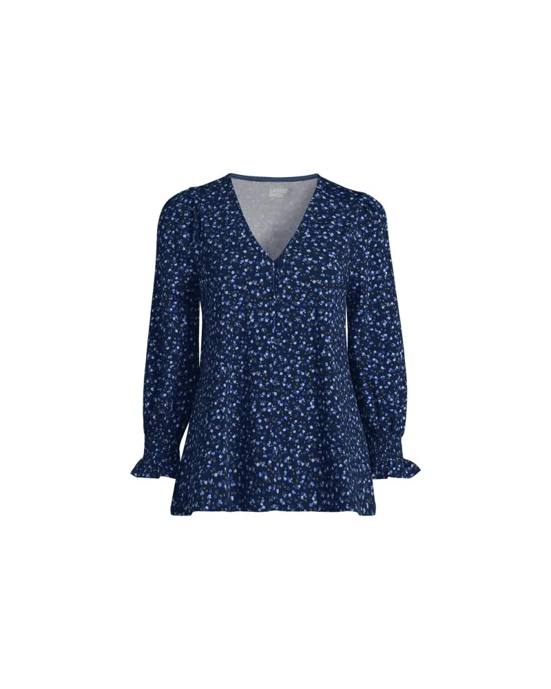 Lands' End Jerseybluse mit gerafften 3/4-Ärmeln, Damen, Größe regular, Blau, Elasthan/Baumwoll-Mischung/Baumwolle Modal, by Blau