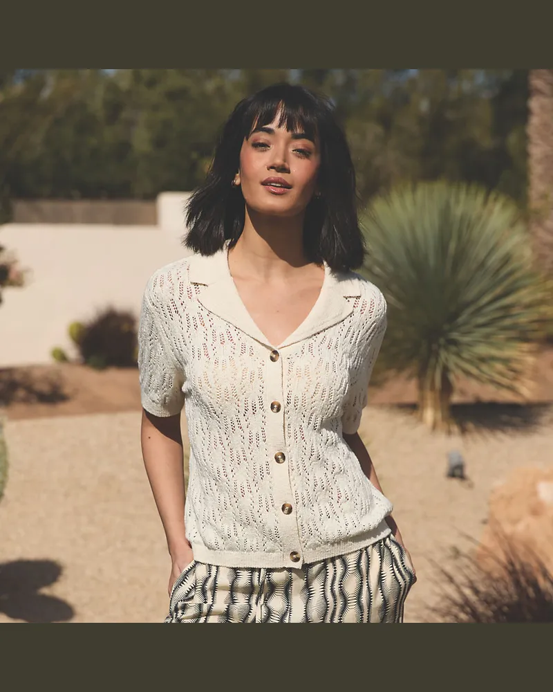 Lands' End Soft Ease Ajour-Cardigan mit Leinen, Damen, GrÃ¶ÃŸe regular, WeiÃŸ, Baumwolle/Leinen/Nylon, by Weiãÿ