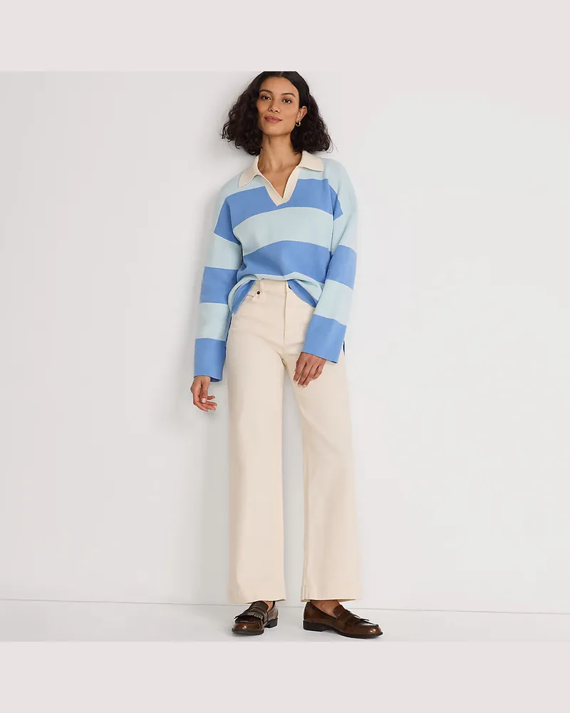 Lands' End Feinstrick-Polopullover mit Rugbystreifen, Damen, Größe petite, Blau, Baumwolle, by Blau
