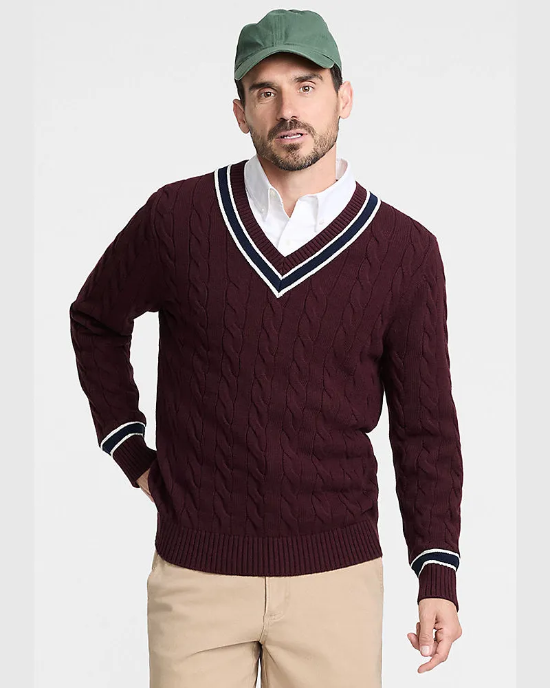 Lands' End Drifter Zopfmusterpullover mit V-Ausschnitt, Herren, Größe regular, Rot, Baumwolle, by Rot