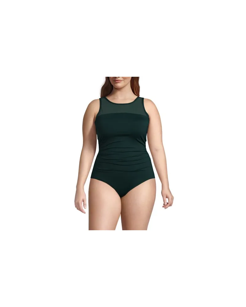 Lands' End Badeanzug mit Netz-Detail, hoher Halsausschnitt, Damen, Größe plus, Grün, Elasthan/Nylon-Mischung, by Grün