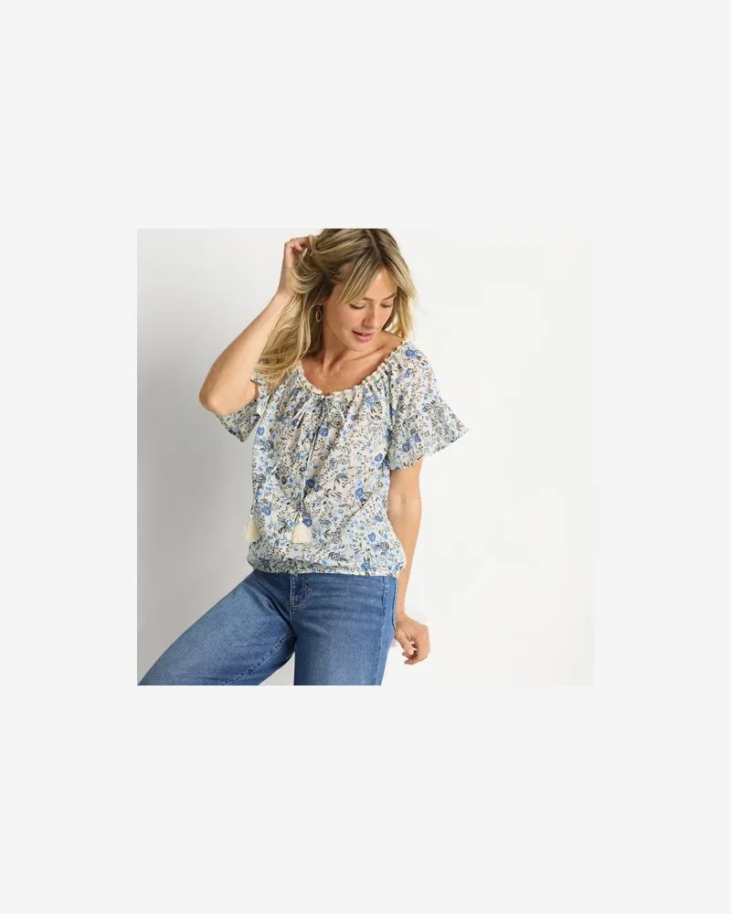 Lands' End Baumwollbluse mit Rüschenärmeln, Damen, Größe:40-42 regular, Blau, Baumwolle, by Blau