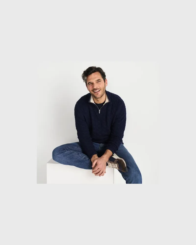 Lands' End Drifter Pullover mit Struktur und halbem Reißverschluss, Herren, Größe:48-50 regular, Blau, Baumwolle, by Blau