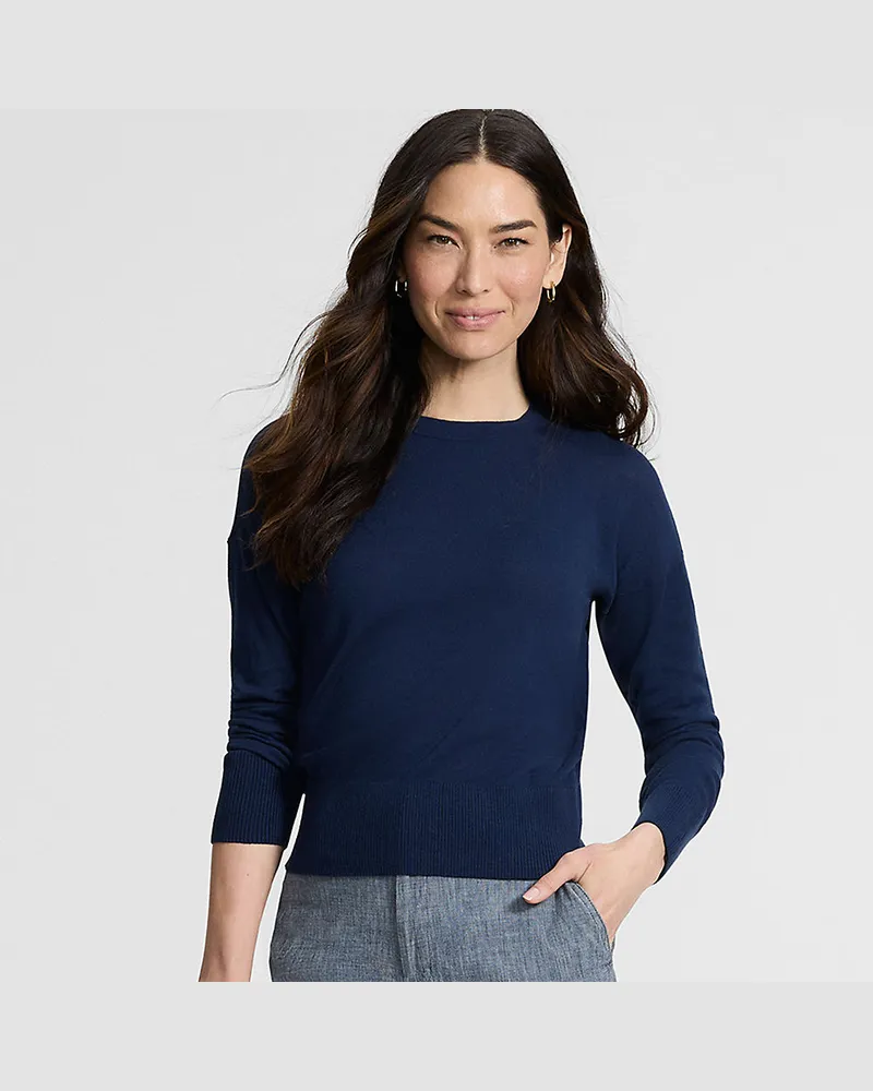 Lands' End Feinstrick-Baumwollpullover mit unterlegtem Ausschnitt, Damen, Größe regular, Blau, Baumwolle, by Blau
