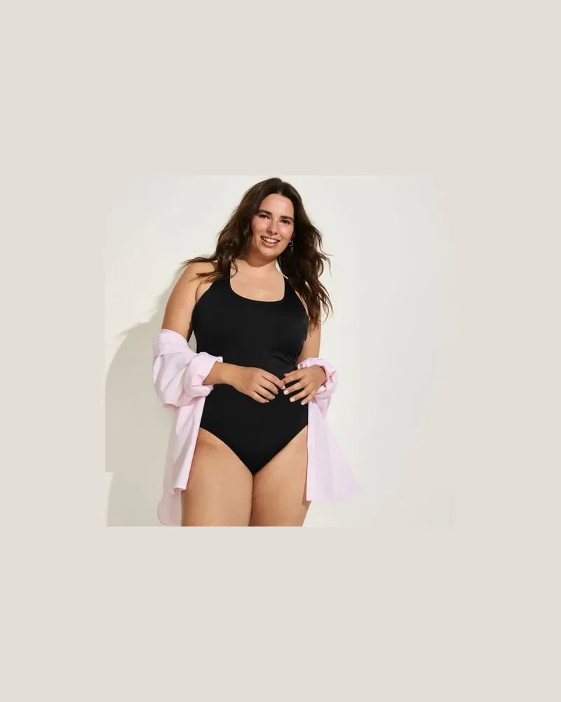 Lands' End Komfort-Badeanzug mit gekreuzten Trägern, hohes Bein,, Damen, Größe plus, Schwarz, Nylon-Mischung, by Schwarz