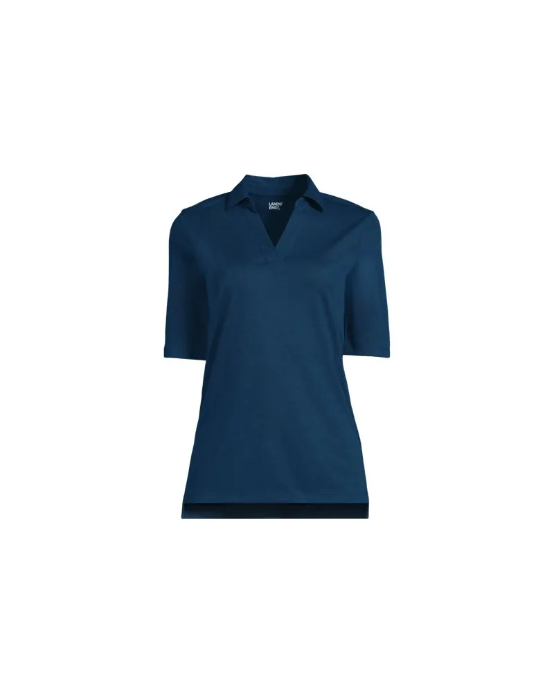 Lands' End Active Piqué-Poloshirt mit ellbogenlangen Ärmeln, Damen, Größe regular, Blau, Baumwoll-Mischung/Polyester-Mischung, by Blau