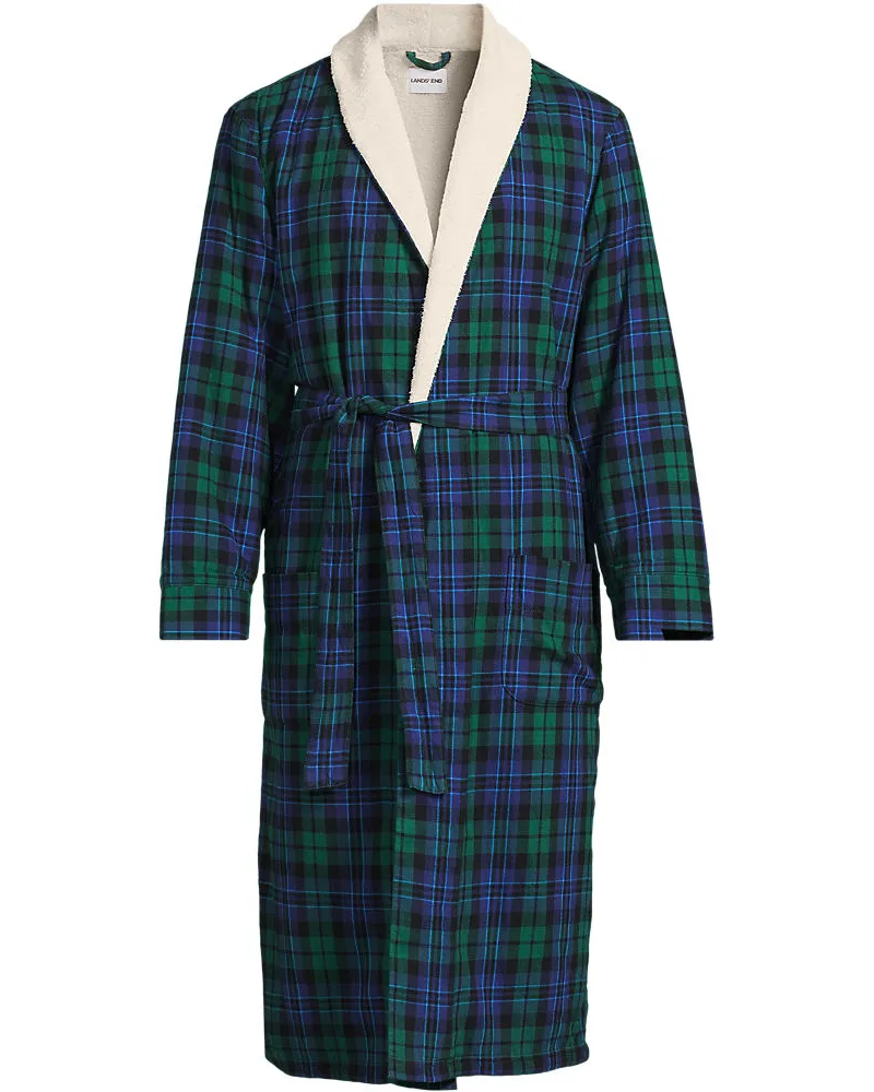 Lands' End Flanell-Bademantel mit Teddyfutter, Herren, Größe regular, Blau, Baumwolle, by Blau