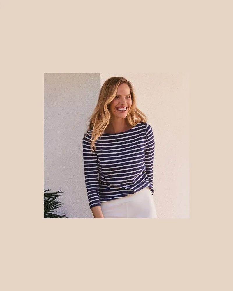 Lands' End Gestreiftes Baumwollshirt mit 3/4-Ärmeln, Damen, Größe:44-46 petite, Blau, Baumwolle, by Blau