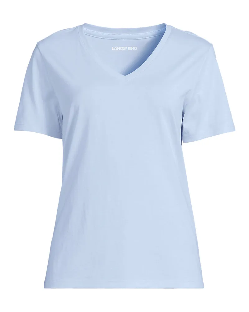 Lands' End Supima Kurzarm-Shirt mit V-Ausschnitt, Damen, Größe petite, Blau, Baumwolle, by Blau