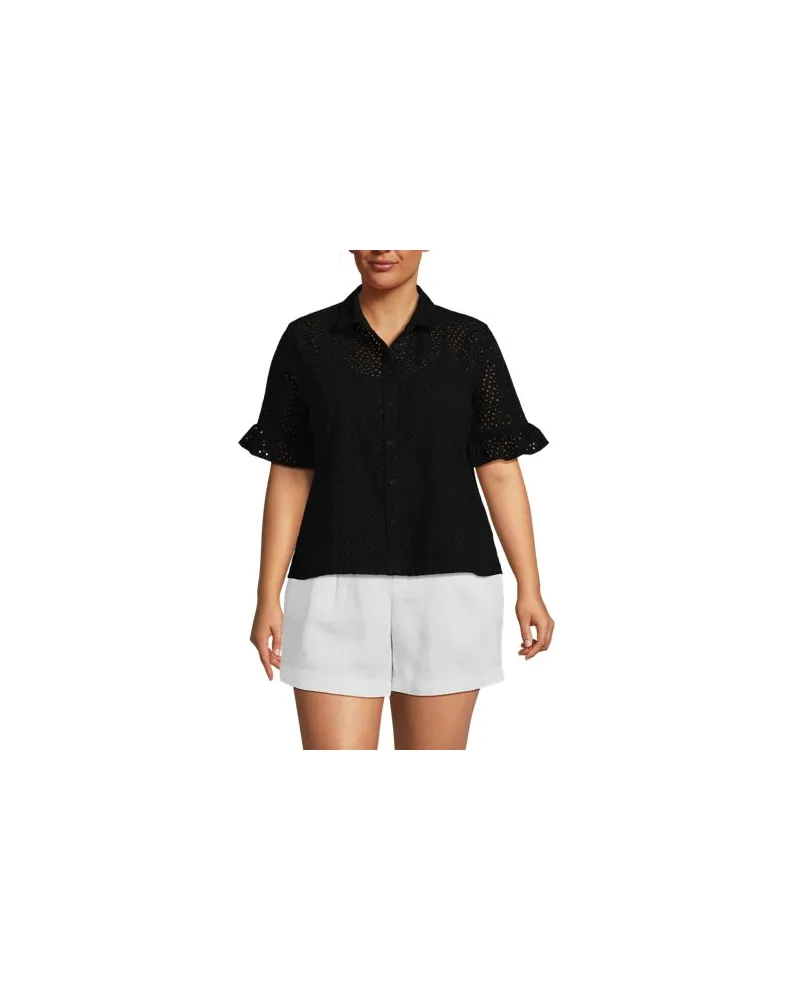 Lands' End Lochmuster-Bluse mit Rüschenärmeln, Damen, Größe plus, Schwarz, Baumwolle, by Schwarz
