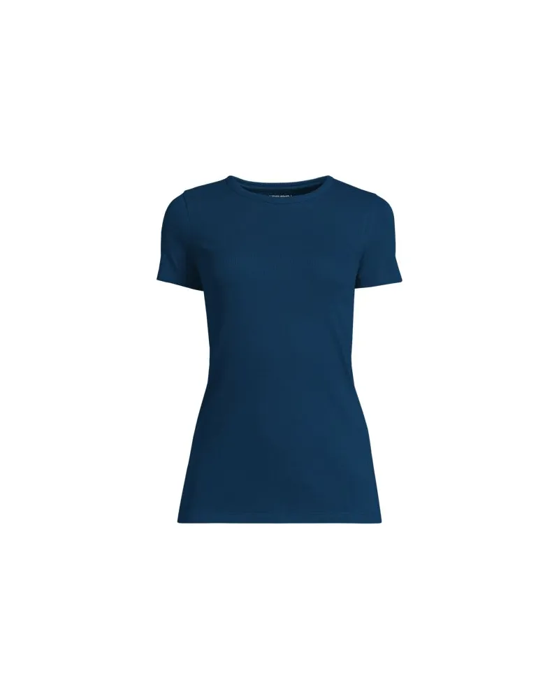 Lands' End Feinripp-Shirt mit Rundhalsausschnitt und kurzen Ärmeln, Damen, Größe:32-34 petite, Blau, Baumwolle/Elasthan, by Blau
