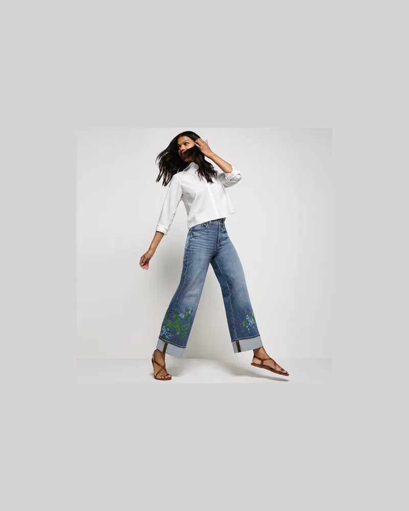 Lands' End Soft Denim Bestickte Jeans mit weitem Bein, Damen, Größe regular, Blau, Elasthan/Baumwoll-Mischung, by Blau