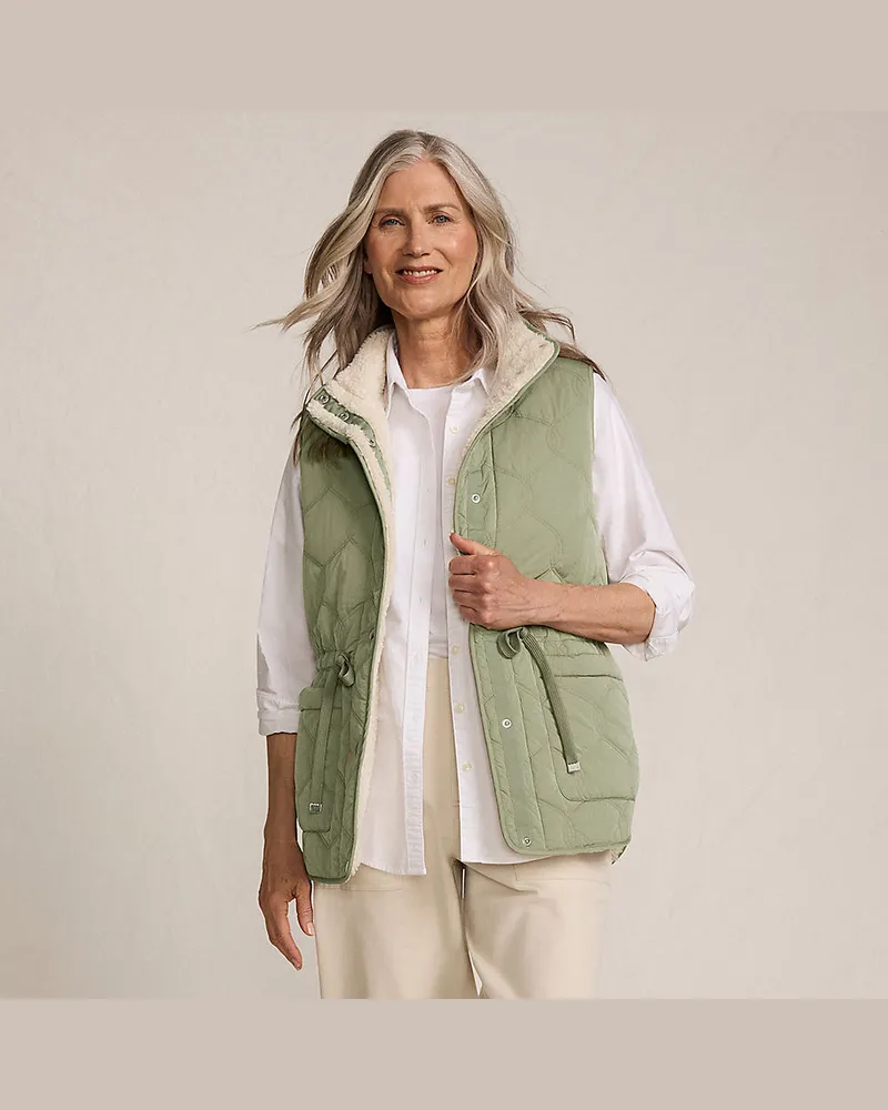 Lands' End Wendbare, gesteppte Sherpa-Fleeceweste, Damen, Größe regular, Grün, Polyester/Nylon, by Grün